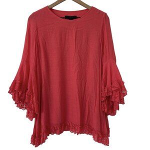 Ali Miles Coral Pink Tunic Top M  3/4 Bell Sleeve Boat Neck Ruffel Hem Blouse